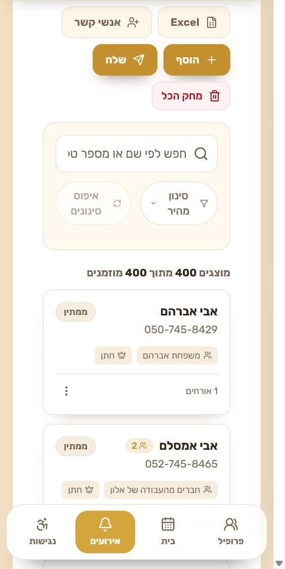 רשימת המוזמנים של אירוע הדמו בתצוגת נייד, כרטיס לכל מוזמן
